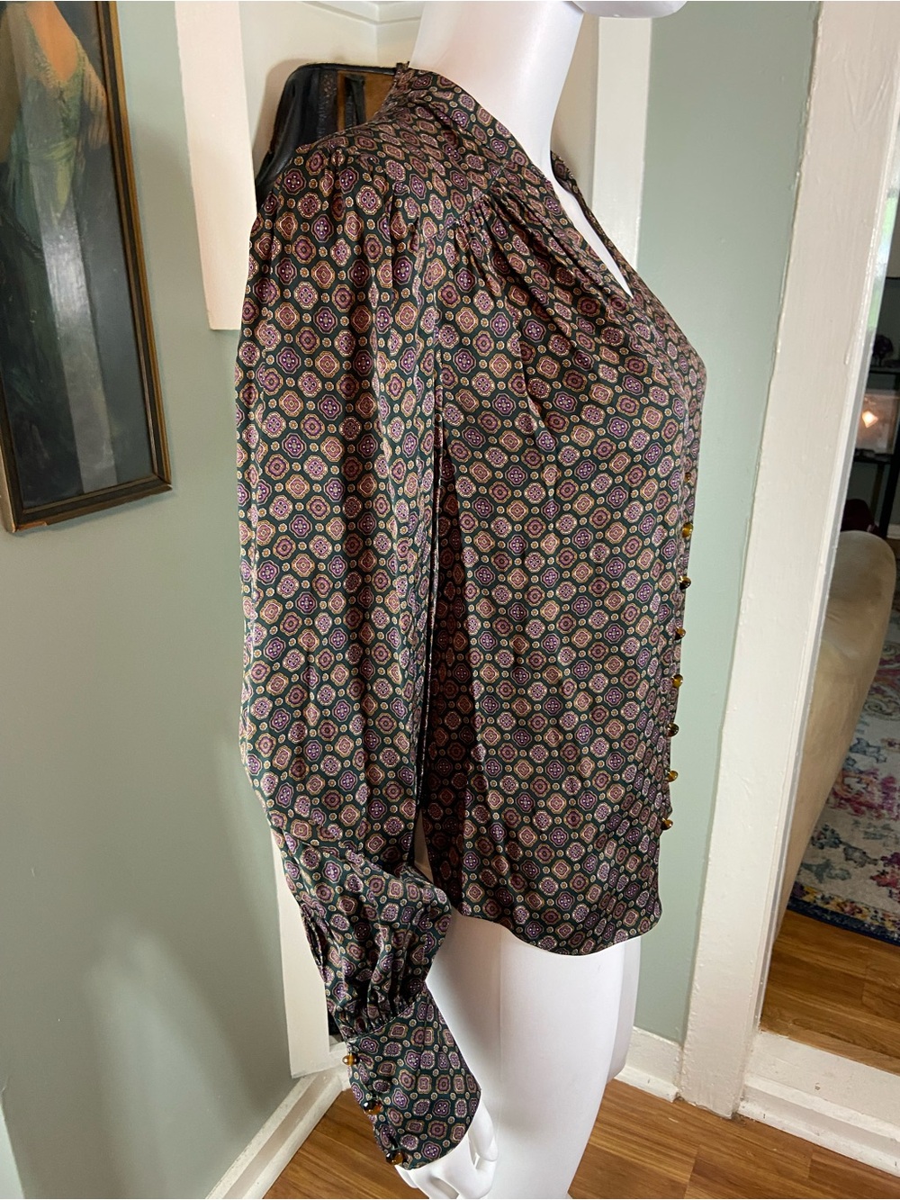 NWT Veronica Beard Esmeralda Silk Blend Geometric Pine Button-Down Blouse [TE] - Picture 9 of 13